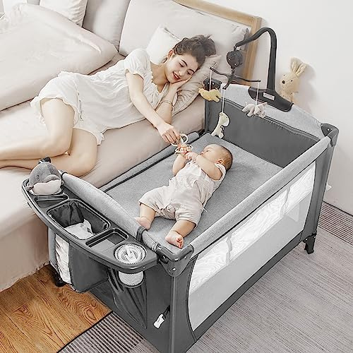 5-in-1 Pack and Play, Baby Bassinet Bedside Sleeper with U-Shaped Diaper Changer, Portable Toddler Playard for Newborn Toddlers, Baby Crib with 4 Adjustable Height, Carry Bag,Easy to Install (Grey)