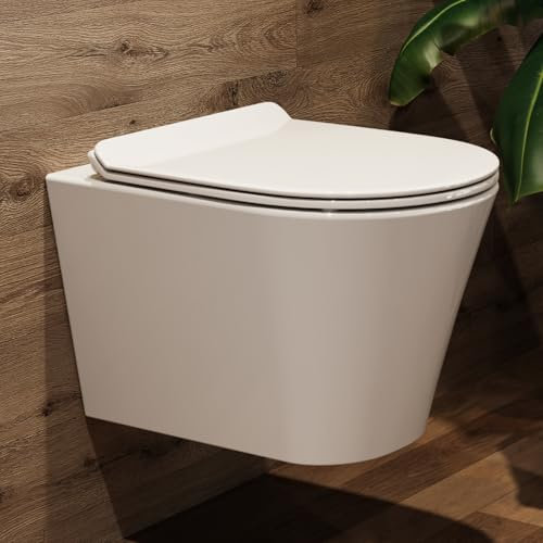 Hänge WC Wand WC Spülrandlos mit Toilettendeckel mit Absenkautomatik - geruchsarmer Tiefspüler WC - Toilette aus Keramik mit Nano Beschichtung - WC kloschüssel mit Einloch-Superspin-Spülung