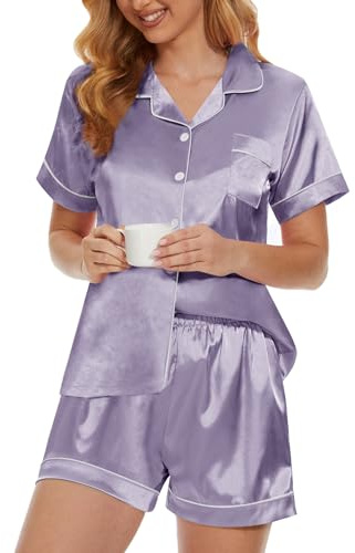 MyFav Womens Silk Satin Pyjamas Set Short Sleeve Sleepwear Two-Piece Pj Sets Button-Down Loungewear XS-2XL