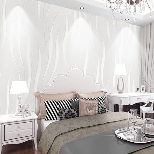 Beswitory 3D Embossed Wave Wallpaper, White with Beige Undertones, Modern Geometric Stripe Pattern, Non-Pasted, 5.3 sq.m.