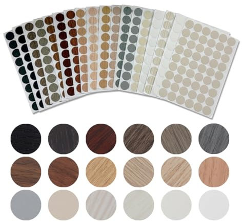 WWYSSZ 972 Stück/18 Farben Schraubenabdeckung Selbstklebend Abdeckkappen, Schraubenloch Aufkleber Ø 21 mm Rund Bohrloch Abdeckung mit Holzmaserung und Volltonfarbe, Wasserdicht Abdeckkappen für Möbel