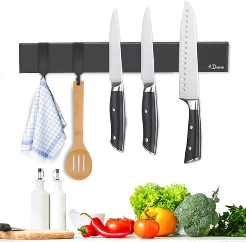 Dmore Barra magnética para cuchillos de 30 cm con 2 ganchos, soporte magnético negro para cuchillos sin perforar, soporte magnético de alto rendimiento, incluye cinta adhesiva y tornillos para