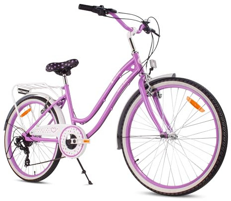 sun baby Mädchenfahrrad 24 Zoll Heart Bike Lila, Kinderfahrrad für 8-12 jährige Mädchen mit 7-Gang, Gepäckträger, Metallkotflügel, V-Brake, Kettenschutz