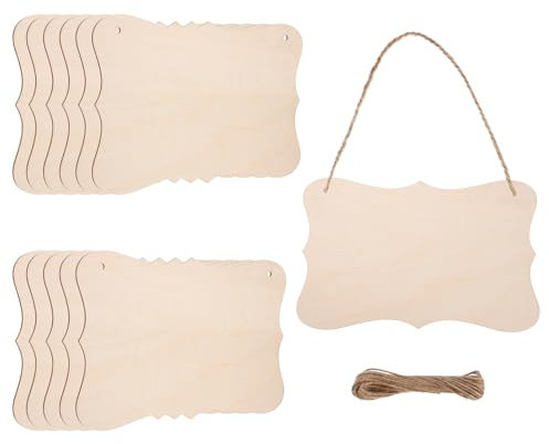 sourcing map Unfinished Hanging Wood Sign Blank with Ropes 9x6 Unfinished Wood Crafts Boards Wooden Plaques for Crafts DIY Painting Burning Carving Door Wall Decoration, Style 8, Pack of 12