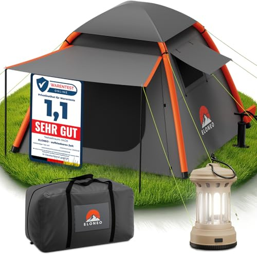 ELONEO tenda gonfiabile per 2-4 persone con tettoia e pompa ad aria, tenda da campeggio impermeabile, tenda ad aria ultraleggera, inflatable tent, tenda glamping con luce LED gratuita