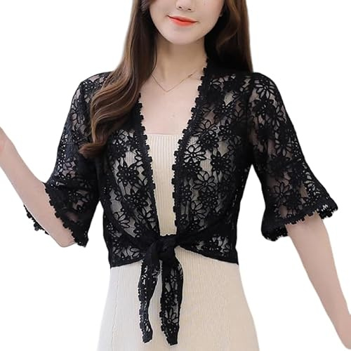 WLLDDDIU Bolero Femme, Boléro en Dentelle pour Femme, Cardigan D'Été À Manches 3/4, Noué sur Le Devant, Élégant, Court, en Tricot, Robe Transparente À Fleurs, pour Mariage, Soirée, Décontr