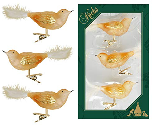 Krebs Glas Lauscha - Weihnachtsdekoration/Christbaumschmuck aus Glas - Vögel auf Clip - Farbe: Gold transparent - 3 Stück - Größe: ca. 11 cm