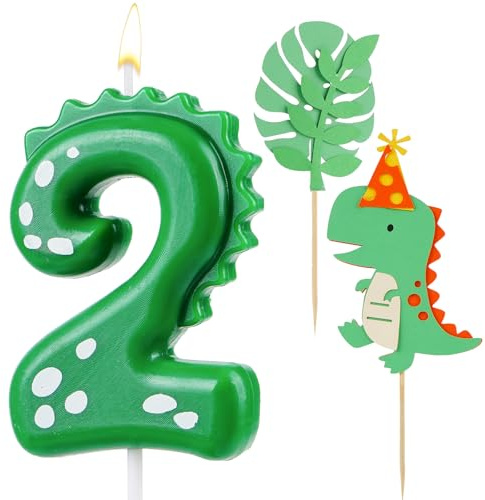 AIBAOBAO Velas Cumpleaños 2 Años, Vela de Cumpleaños Dinosaurio con 2 x Decoracion Tarta Cumpleaños, Vela Número 2, Velas Cumpleaños Originales, Decoración Tarta Fiestas para Niños Niñas
