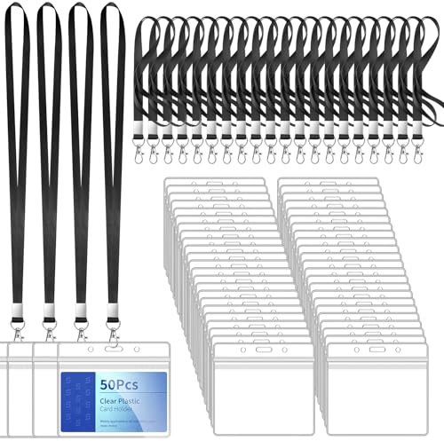 Newthinking 50 Pack Black Lanyards with Clear Plastic Card Holder | Horizontal Sealable, Waterproof, Name Badge Holder with Black Lanyard for Neck, ID Card, Office, School