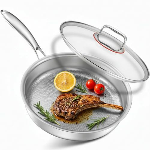 Abijan Padella in acciaio inox con coperchio, padella in acciaio inox da 30 cm, a induzione e piani cottura elettrici, lavabile in lavastoviglie e forno, padelle non tossiche, senza PTFE e PFOA