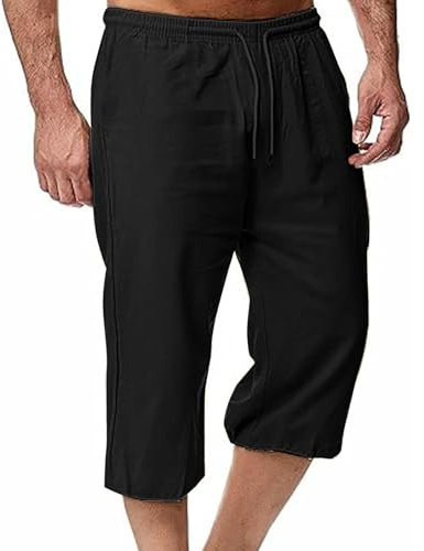 3/4 Length Shorts Men Summer Casual Linen Trousers Men Cotton Loose Long Capri Cargo Shorts Three Quarter Length Work Golf Beach Pants with Pockets Elasticated Waist Cropped Trousers Plus Size