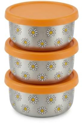 Little Steelie Kids Snack Pots Set of 3 | Stainless Steel Food Containers with Orange Silicone Lids | Plastic-Free | 290ml | Daisy Design | Children, toddlers and babies | 290ml x 3