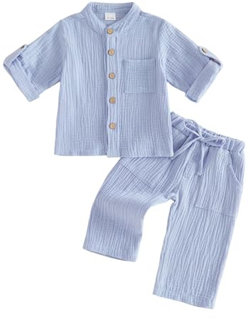 XIXIMAON Toddler Baby Boy Clothes Long or Half Sleeve Shirts and Pants Set (Blue, 6-12 Months)