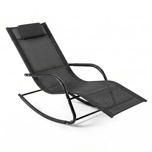 COSTWAY Rocking Sun Lounger, Zero Gravity Recliner Garden Rocking Chair with Headrest & Curved Armrests, Metal Frame Breathable Outdoor Reclining Chaise Lounge Chair for Patio Balcony Poolside (Black)