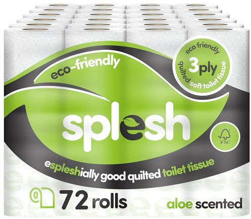 Splesh by Cusheen Toilet Roll 72 Rolls - Aloe Vera Scent Bulk Family Pack | Soft 3 Ply Quilted Bathroom Tissue Loo Rolls | Eco-Friendly, Sustainable Toilet Paper