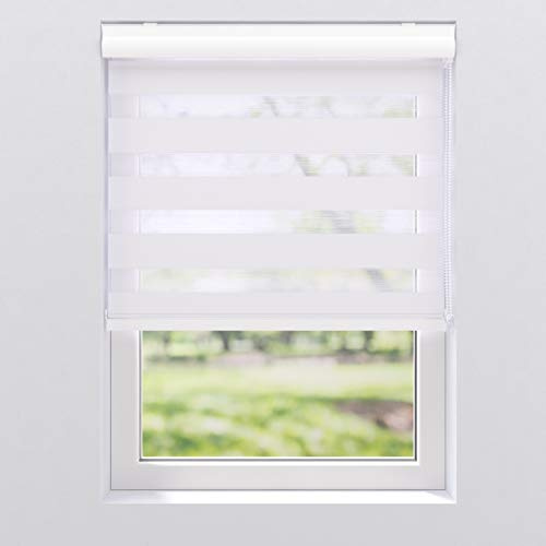 Doppelrollo Duo Rollo mit Alu Blende Fenster Kettenzugrollo Seitenzugrollo Kassettenrollo | 40-220 cm breit | 130, 175 und 240 cm hoch | Streifen Blickdicht und transparent | 105 x 175 cm, Weiß