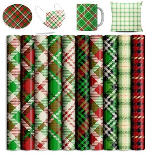 Plaid Transfer Sheets, 10 Pcs 12x12 Christmas Halloween Buffalo Pattern Pre-Printed Heat Transfer Sublimation Paper for Heat Mug Press, Coaster Blanks, DIY T- Shirts