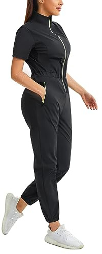 Junlan Sauna Suit for Women Sweat Jumpsuit Stand Collar Heat Trapping Shirt for Women Workout Sports(Black,Large)