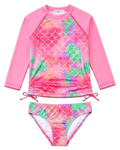 weVSwe Niñas Traje De Baño De 2 Piezas UPF 50+ Manga Larga UV Niño Rash Guard Protección Solar Rosa Escamas De Pescado 5-6 Años