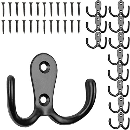 Ganci da avvitare, 12 pezzi, in nero, esterno 54 x 40 x 15 mm, gancio doppio con viti per legno, hook cappotti per porte, bagni, cucine, corridoi, uncino in metallo fai da te, crochet per cappotti