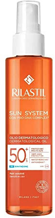 Rilastil Sun System Olio Dermatologico SPF50+, Olio Dermatologico Solare, Protezione Alta, Pelli Sensibili, Resistente all'Acqua, Protezione da raggi UVB e UVA, Protezione 8H, 200ml