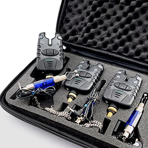 Crystals Carp Fishing Bite Alarm Set with Volume and Tone Control, 3 Alarms + 3 Fishing Swingers Indicator in Zipped Protection Case, Black