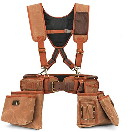 TOURBON Wachs-Leinen-Werkzeuggürtel für Tischler mit Hosenträgern, abnehmbaren Elektriker-Werkzeugtaschen, Hammerschlaufe