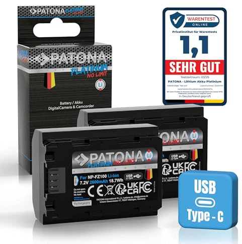 PATONA 2X Platinum Batteri för Sony NP-FZ100 FZ100 2600mAh med USB-C | Ersättningsbatteri för Alpha 6600 6700 A1 A9 II A7 III IV A7R 7C 7CR 7S 7R A7III FX3 FX30 A7C2 A7R3 – laddas direkt