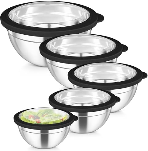 TeamFar Mixing Bowls Set, 4.5/3/1.5/1/0.7 QT Stainless Steel Nesting Salad Bowls with Airtight Lids, For Serving/Mixing/Storing, Non-Toxic & Heavy Duty, Visible & Easy Clean, Black, Set of 5