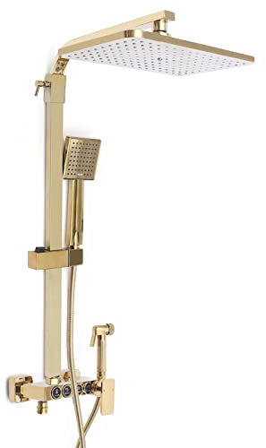 Sistema doccia dorato, regolabile in altezza (80-120 cm), set da parete con 4 funzioni, uscita acqua, doccia a pioggia, doccetta, rubinetto per vasca da bagno, bidet doccia