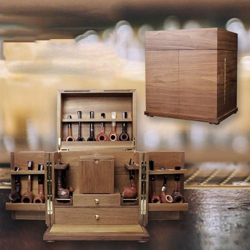 Wooden Tobacco Pipe Stand Rack for 18 Smoking Pipes Collection Handmade Black Walnut Tobacco Pipe Storage Cabinet with Humidor Jar, Tobacco Pipes Display Rack Holder