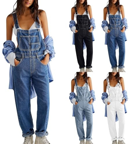 Salopette da donna lunghe, oversize, in jeans, larghi, con bretelle, BU1, XL