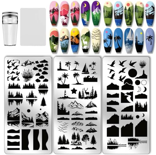 PH PandaHall Placas de estampado de uñas de naturaleza, plantillas de arte de uñas de bosque, plantillas de arte de montaña con estampado de cielo nocturno, plantillas de uñas con sello y raspador