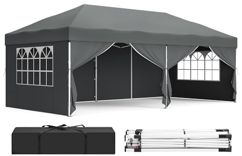 SONGMICS Tonnelle, Chapiteau Pliable, Protection Solaire, Résistante aux Petites Pluies, Portable, avec Parois Latérales, pour Cour, Jardin, Fête, 6 x 3 m, Gris Foncé GCT204GZ01