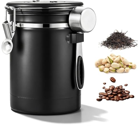 Caja de café Hermética de 2,8L, caja de café de grano de acero inoxidable, cajas hermeticas con válvula de CO2, cuchara e indicador de fecha, cajas de café molido y grano para té, azúcar, Cacao