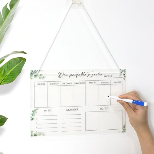 Veckoplanerare avtorkbar veckoplanerare av akryl för hushållsplan planeringstavla med 6 whiteboard-penna budgetplan för att hänga upp to göra lista för hushållet (30 x 20 cm)