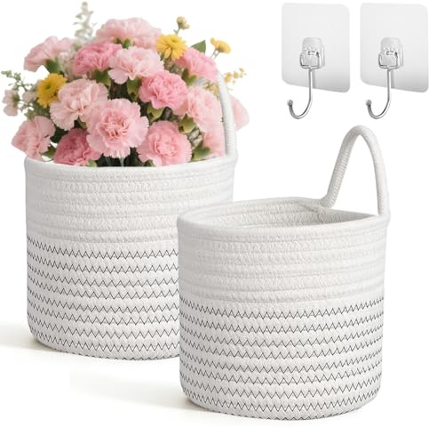 2 stycken hängande korgar av bomull, arrangör, förvaringskorg, väggkorgar med handtag 15 x 15 cm, förvaringskorgar för kök badrum sovrum vardagsrum (vit och svart)