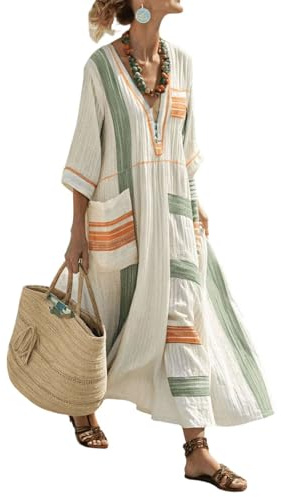 Genérico Elegante Vestido Largo Mujer - Verano Boho Cuello V Media Manga Estampado Étnico Caftan Holgado con Bolsillos Lino Traje Playa Vacaciones Casual Moda Chic Tallas Grandes Fluido