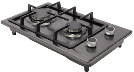 Gashäll 2 flammor Kokhäll i rostfritt stål, gasspis 2 flammor med gasrör och tryckreduceringsventil, 3KW+1,75KW gashäll för kök, kontor eller camping, 51×31×10 cm (Svart)