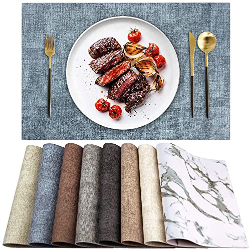 LANDVIEW Leather Heat Resistant Placemats Set of 6 Waterproof Wipeable Washable PU Table Mats,Easy to Clean Anti-Slip Place Mats (Blue, 6)