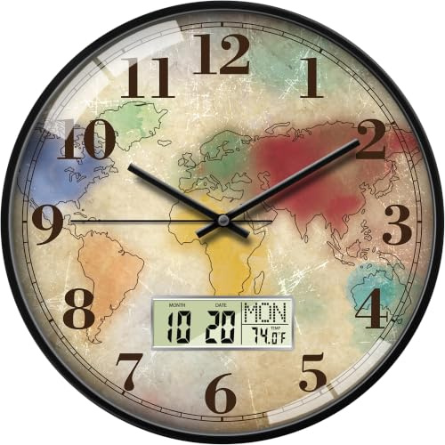 SCOAGE Vintage World Map Wall Clock, 14 Inch Analog and Digital Wall Clock