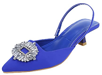 SOOUICKER Sandali da donna con tacco a gattino, tacco medio, punta appuntita, per matrimoni e balli, Blu, 41 EU