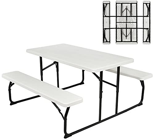 KOMFOTTEU Campingtisch mit Stühlen Klappbar, Bierzeltgarnitur 3 teilig mit 1 Biertisch & 2 Bierbänke, Picknicktisch faltbar & platzsparend, Campingset Gartengarnitur tragbar für Outdoor (Weiß)