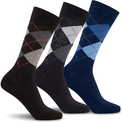 Mens Patterned Cotton Dress Socks 3, 6 & 12 Pack – Argyle, Striped & Geometric Designs – Colourful Smart Casual Crew Socks – Stylish Office & Gift Idea – UK 6‑11