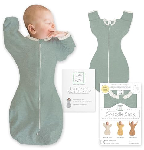 SwaddleDesigns Transitional Swaddle Sack, Arms Up Half-Length Sleeves & Mitten Cuffs, Swaddle for Newborn Transition to Baby Sleep Sack Wearable Blanket, Small, 0-3 Month, 6-14 lb, Heathered Jadeite