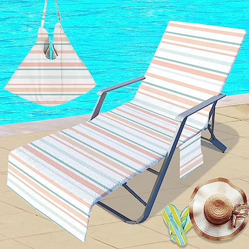 Surwin Streifen Schonbezug Für Gartenliege Sommer Strandliegenauflage Frottee Liegenauflage Stuhl Strandtuch Sun Lounger Bezug mit Tasche Sporthandtuch für Garten Schwimmen (75x210cm,Rosa)