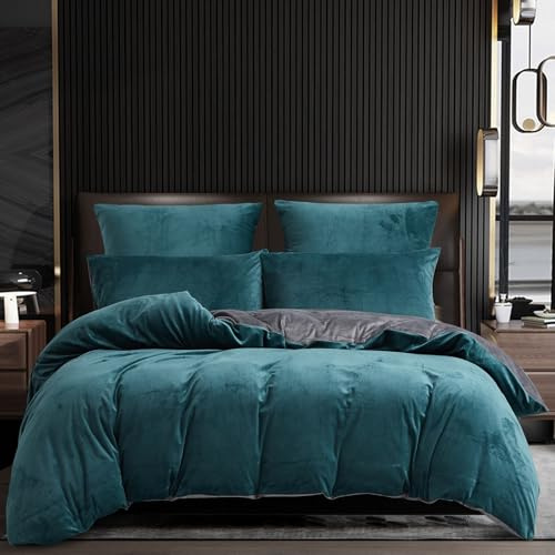 Luowei Ropa de cama cálida reversible de 220 x 240 cm, color azul petróleo, gris, forro polar, de felpa, ropa de cama de invierno de 220 x 240 cm y 2 fundas de almohada de 80 x 80 cm con cremallera