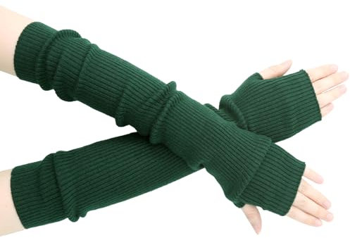 SEYUFN Winter Fingerlose Lange Handschuhe für Frauen Kaschmir Gemischt Gestrickte Armstulpen Super Weiche Schwarze Arm Ärmel, Dunkelgrün, 50cm/19.7in