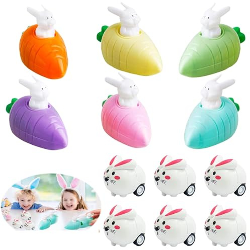Seasboes Lapin à remonter avec carotte, jouet de voiture, jouet de voiture rétractable, cadeau de Pâques, pour enfants, lapin de Pâques comme cadeau d'invités