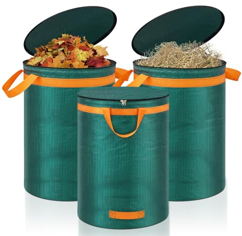 Eurhomewit 3 Pcs Green Garden Waste Bags 272L, Large Refuse Bags Heavy Duty with Handles and Lid, Refuse Sacks Reusable for Waste, Grass and Leaves
